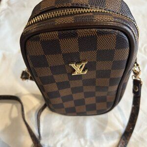 Designer Inspired Checkered Brown Crossbody Bag